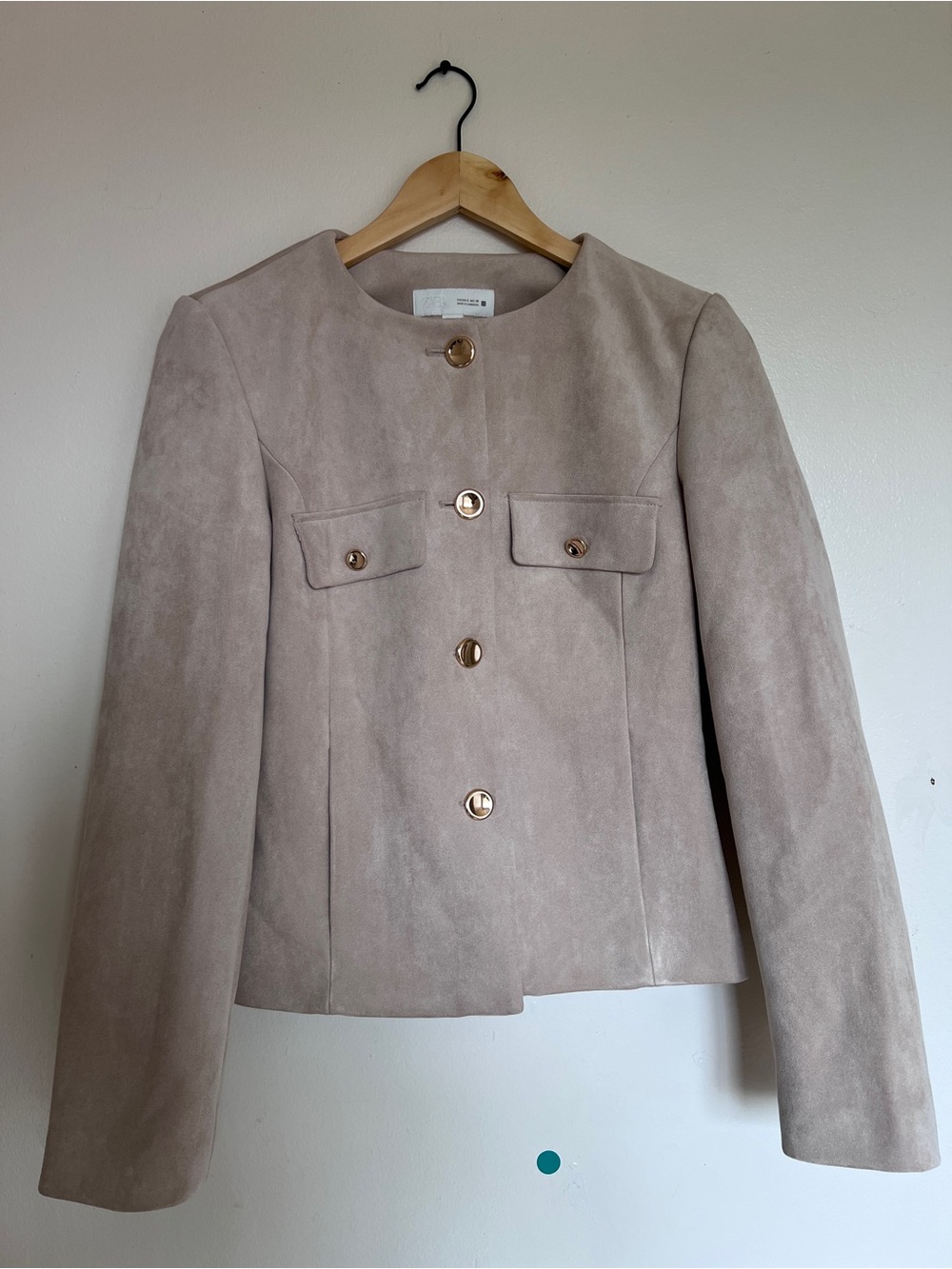 Zara NWT Faux Suede Collarless Blazer Beige Small 8741/260 (No Belt)
